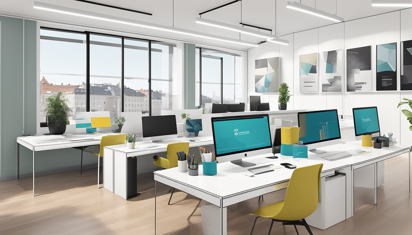 Et moderne designbyråkontor i Oslo, med stilige merkevarematerialer og strategiske planleggingsverktøy på rene, minimalistiske skrivebord