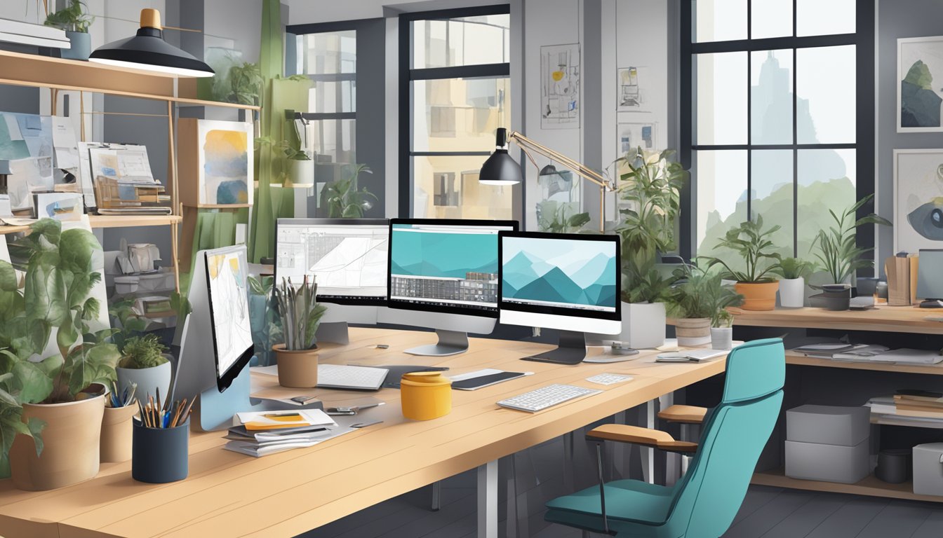 Et travelt designstudio i Oslo, fylt med kreative verktøy, skisser og dataskjermer, mens designere samarbeider om prosjekter
