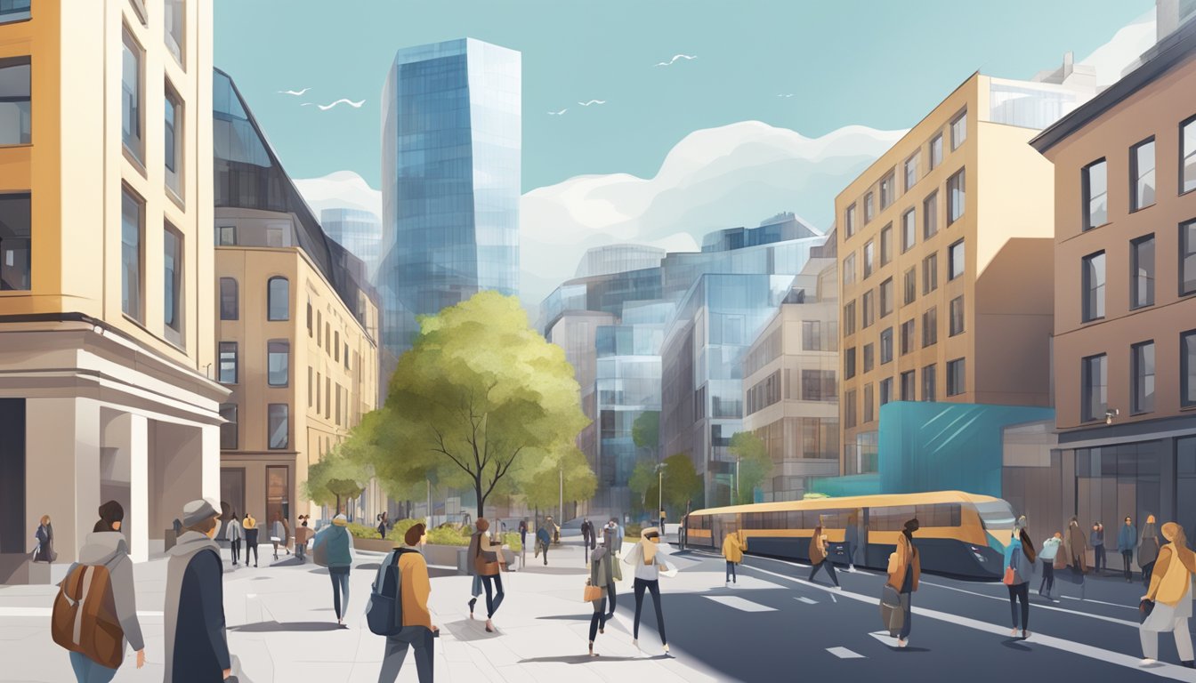 En travel bygate med moderne arkitektur og mennesker som interagerer med ulike digitale enheter, omringet av den naturlige skjønnheten i Oslos landskap