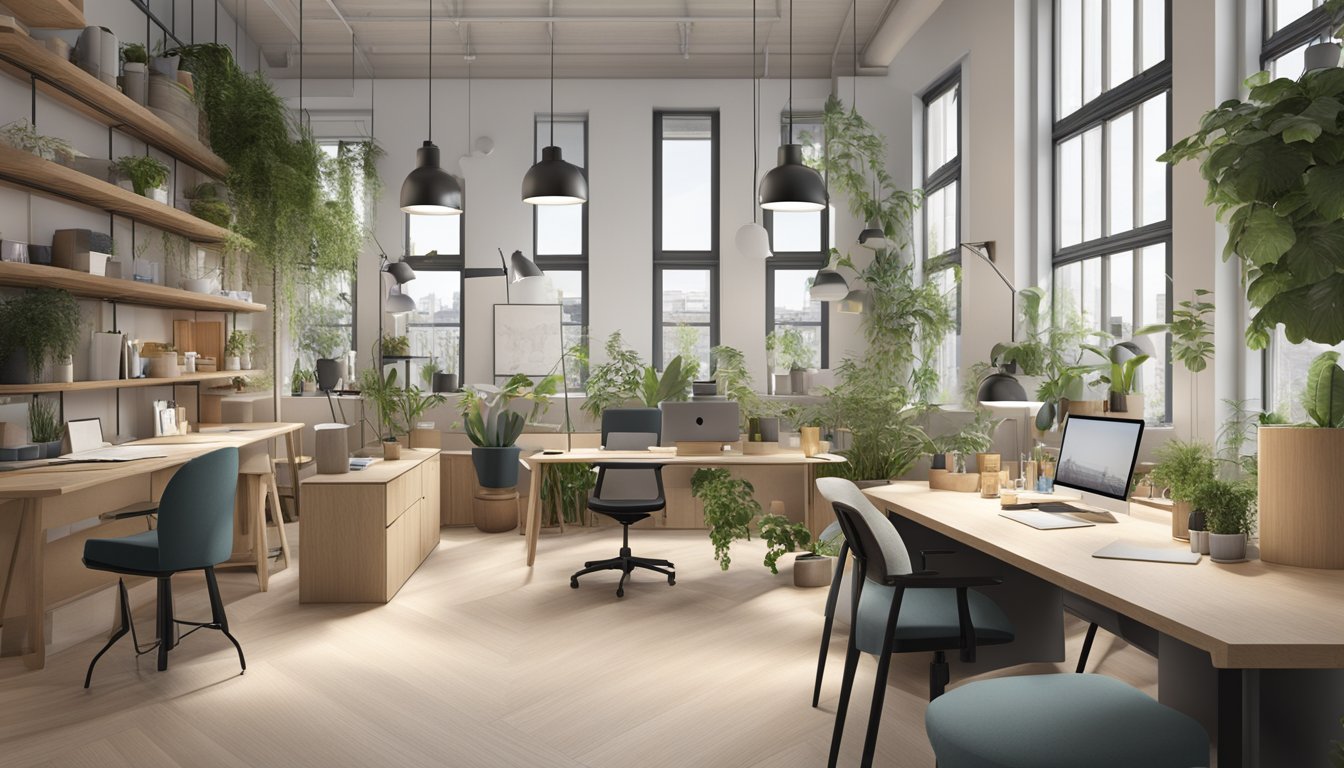 Et moderne designstudio i Oslo, med bærekraftige materialer og ansvarlige praksiser tydelig i arbeidsområdet og prosjektene som vises.