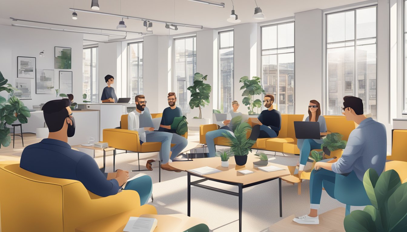 En gruppe designere i et moderne kontor i Oslo, som diskuterer juridiske aspekter ved design