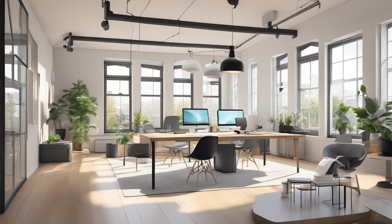 Et moderne designstudio i Oslo med stilige møbler, store vinduer og minimalistisk dekor. Lys, åpen plass med kreative verktøy og teknologi.