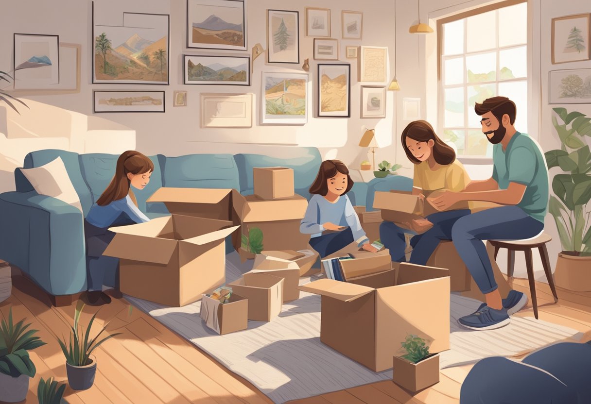 A family packing boxes in a cozy living room, surrounded by photos and memories. A map on the wall shows the journey ahead