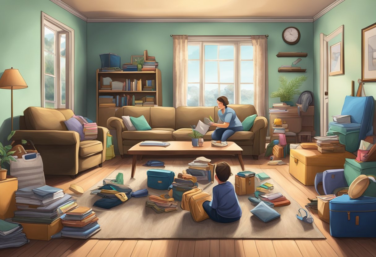 A family's packed belongings sit in an empty living room, with a mix of excitement and apprehension in the air