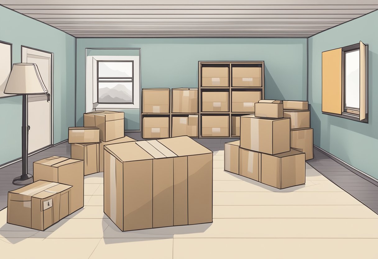 A neatly organized living room with labeled boxes, furniture wrapped in protective coverings, and a clear pathway for movers to navigate