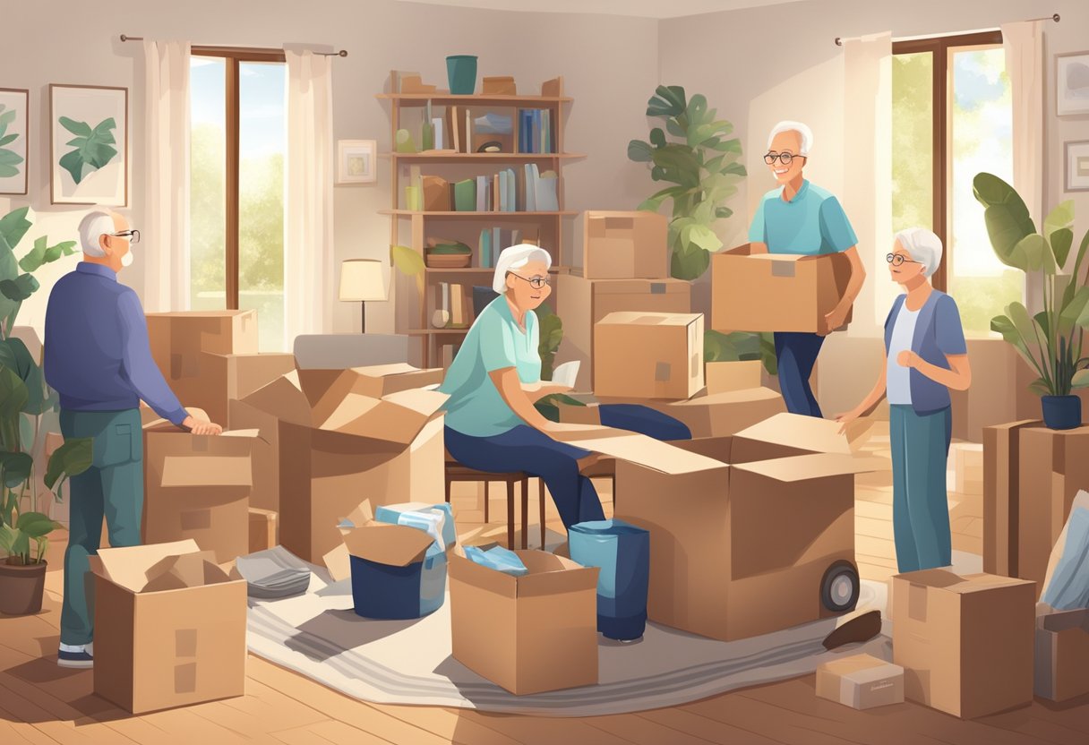 An elderly couple's belongings packed in labeled boxes, surrounded by movers and family members in a bright, spacious living room