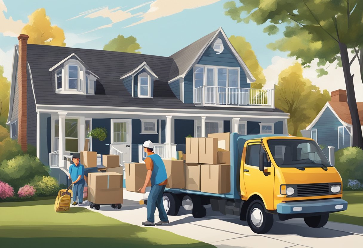 A family's belongings being loaded onto a moving truck in front of a suburban house