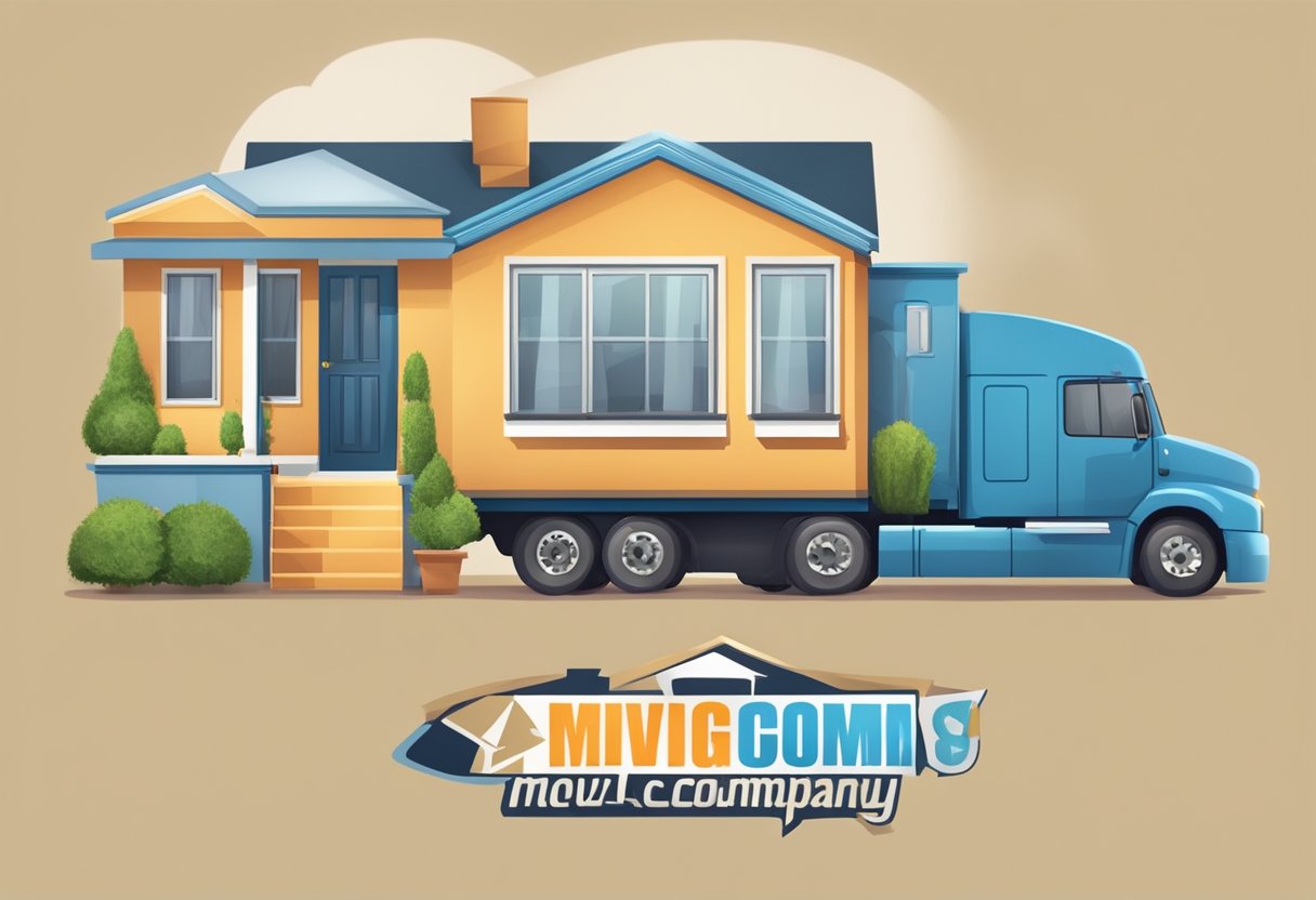 A family home with boxes stacked in the living room, a moving truck parked outside, and a moving company logo on the side of the truck