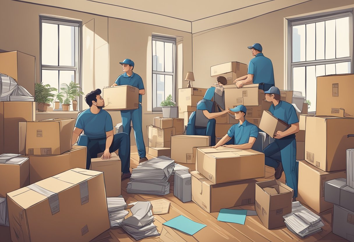 A cluttered room with a pile of moving boxes on one side and a team of professional movers on the other, showcasing the decision between self-moving and hiring professionals