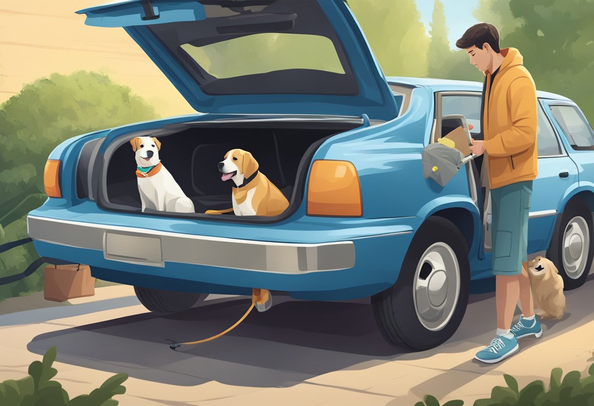 A family pet owner packs pet supplies into a car, while a dog eagerly waits nearby with a leash in its mouth