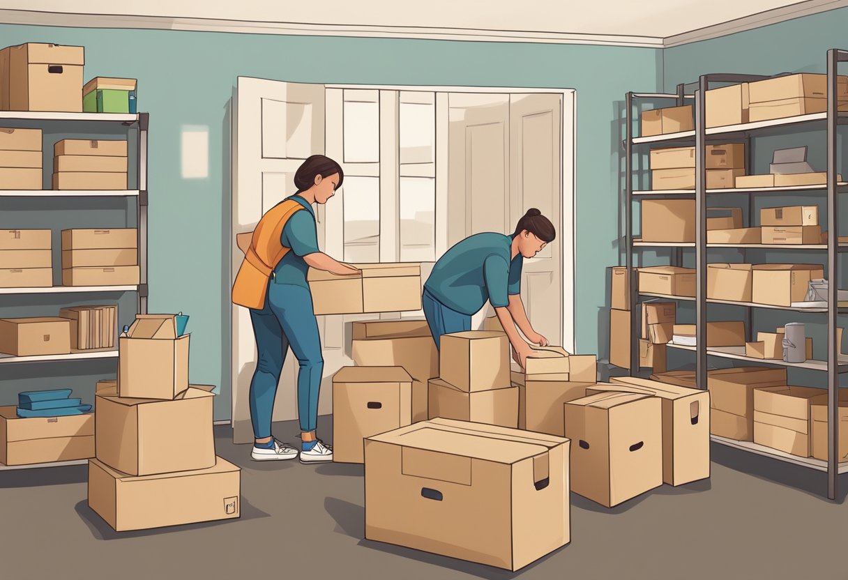 A professional organizer carefully arranges labeled boxes and furniture in a spacious, well-lit room, preparing for a move to the South