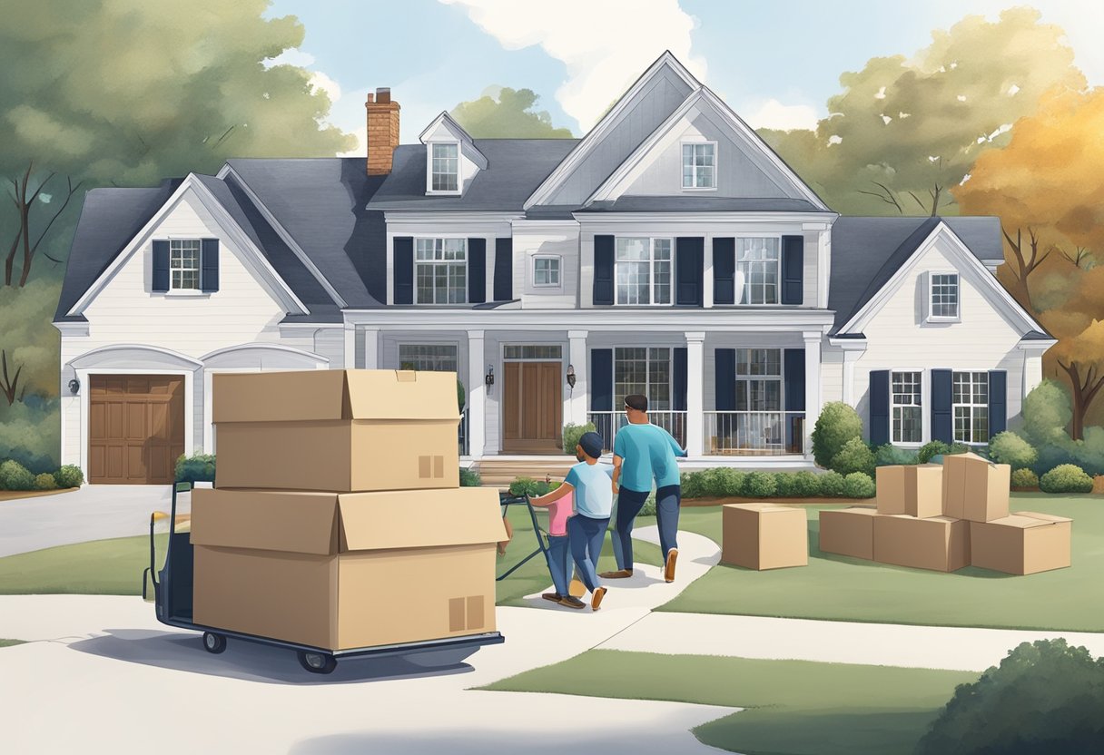 A family home in Atlanta, GA with moving boxes, a moving truck, and a team of movers loading furniture and belongings