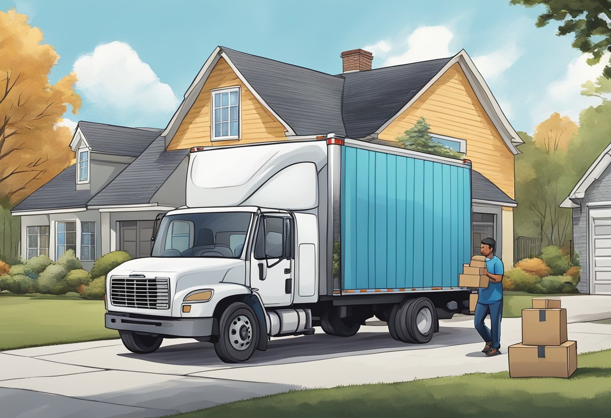 A moving truck parked in front of a suburban home, with boxes and furniture being loaded onto the truck by movers