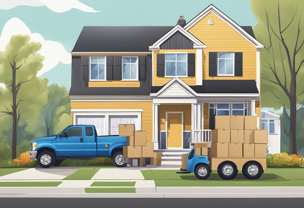 A family home with boxes stacked outside, a moving truck parked in the driveway, and movers carrying furniture into the house