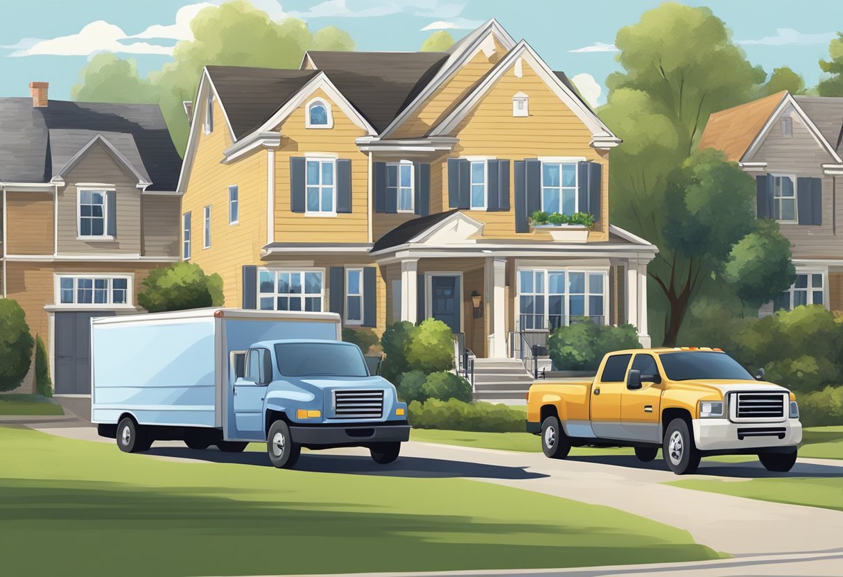 A moving truck parked in front of a suburban home, with movers carrying boxes and furniture into the house