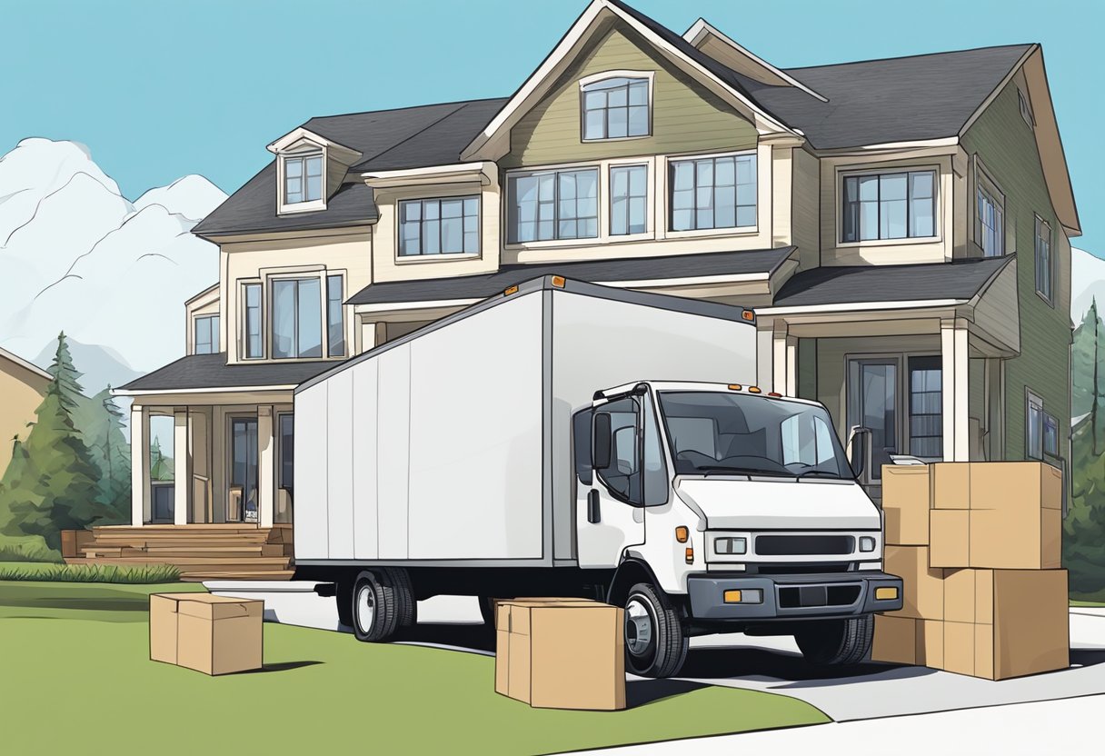 A moving truck parked in front of a new house, with boxes being unloaded onto the driveway by movers