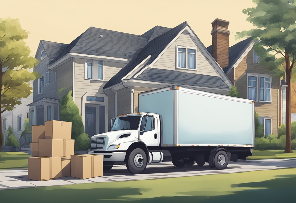 A moving truck parked in front of a suburban house, with boxes and furniture being loaded onto the truck by movers