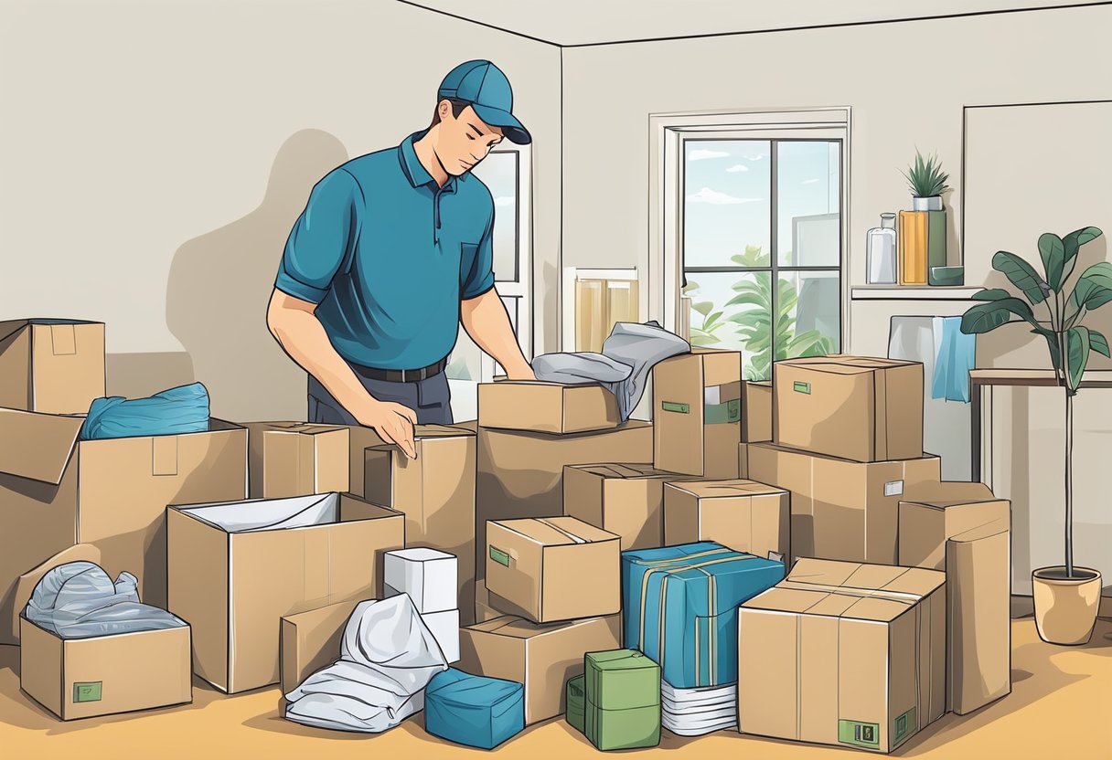 A professional packer carefully wraps and boxes household items, efficiently organizing and securing them for a move