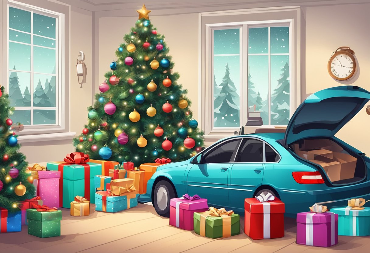 A family's packed suitcases and wrapped gifts sit next to a festive Christmas tree, ready to be loaded into a car for a holiday trip