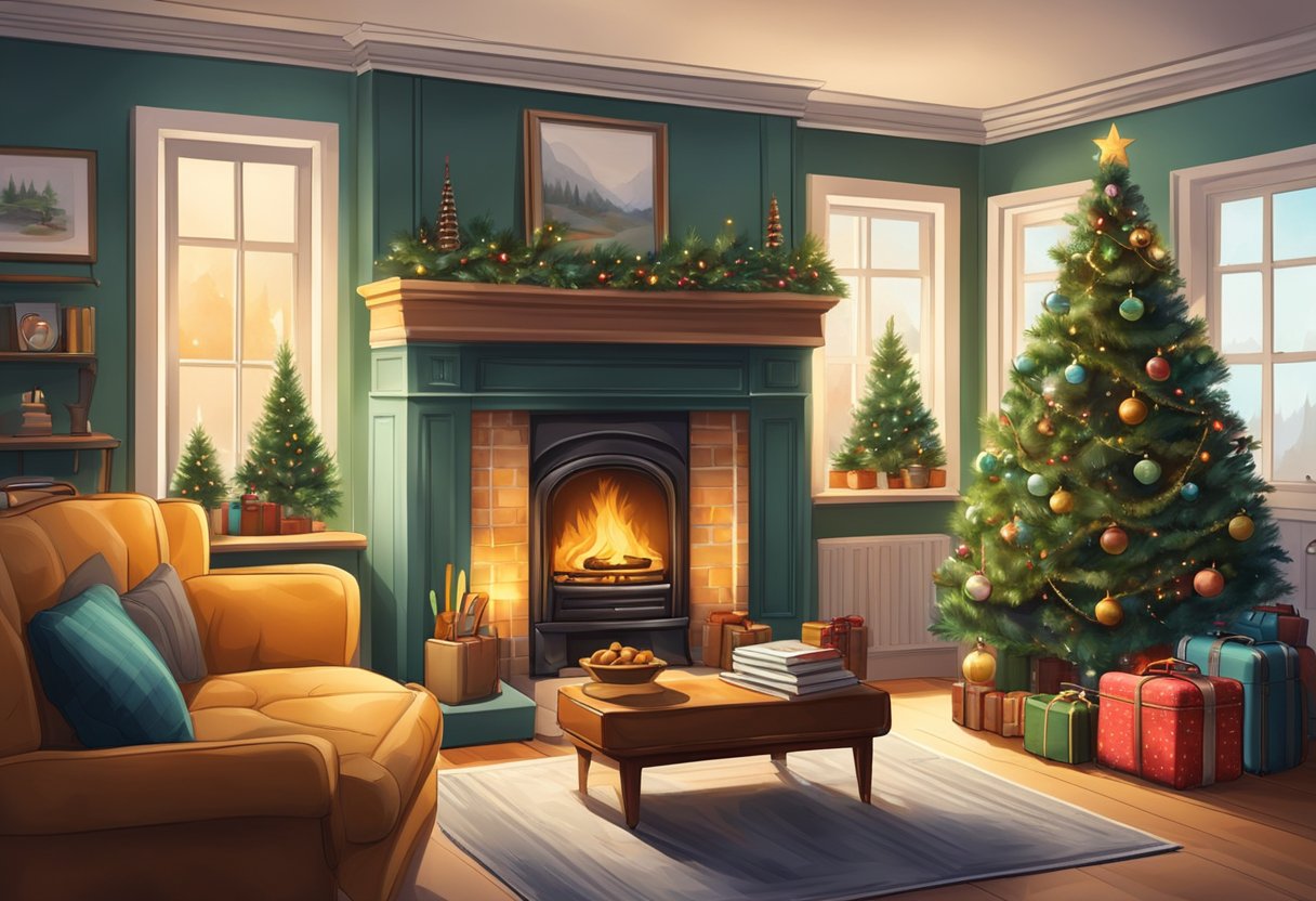 A cozy living room with a lit fireplace, a decorated Christmas tree, and packed suitcases ready for a holiday move