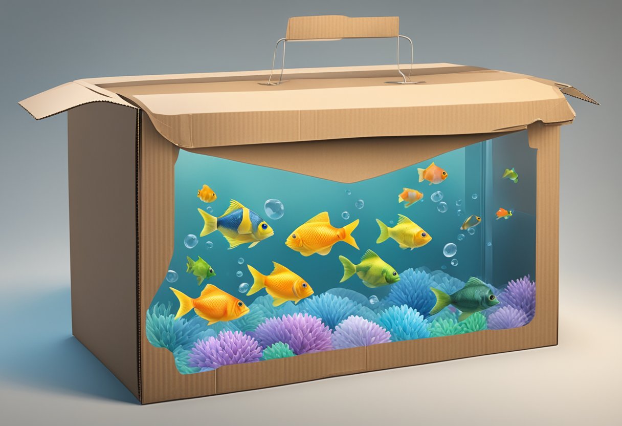 A sturdy, clear plastic bag filled with water and several colorful fish, placed securely inside a cardboard box with air holes