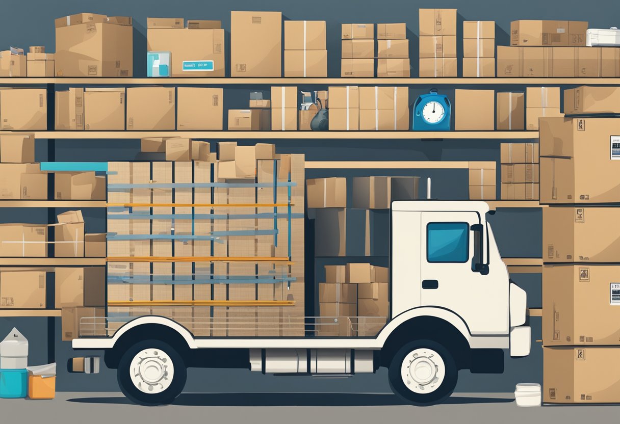 Cardboard boxes stacked in a moving truck, labeled and organized with various household items. A map of the United States hangs on the wall with a route marked from one coast to the other