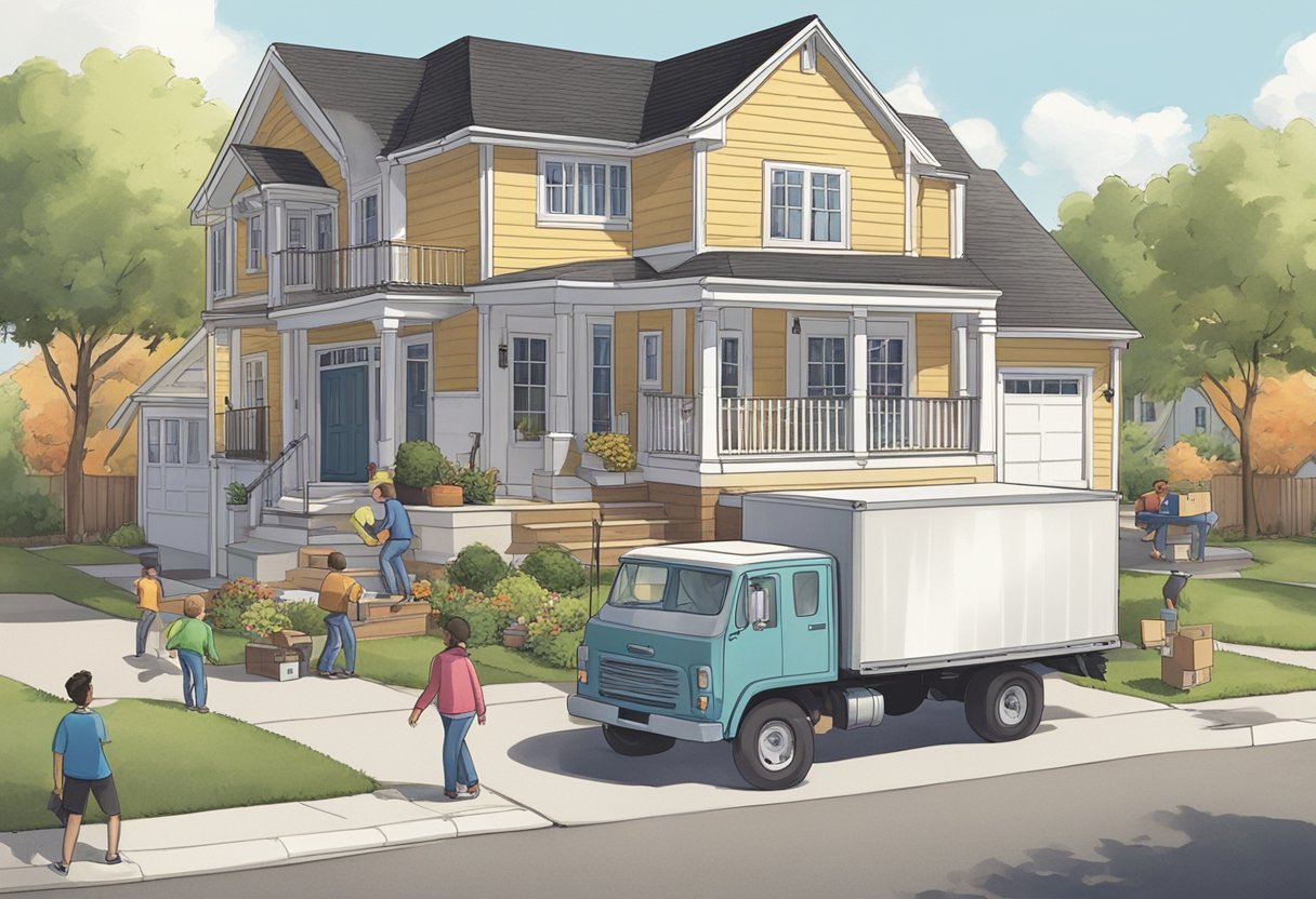 A moving truck parked in front of a two-story house, with boxes and furniture being unloaded onto the driveway. A family of four stands nearby, looking at the house with excitement