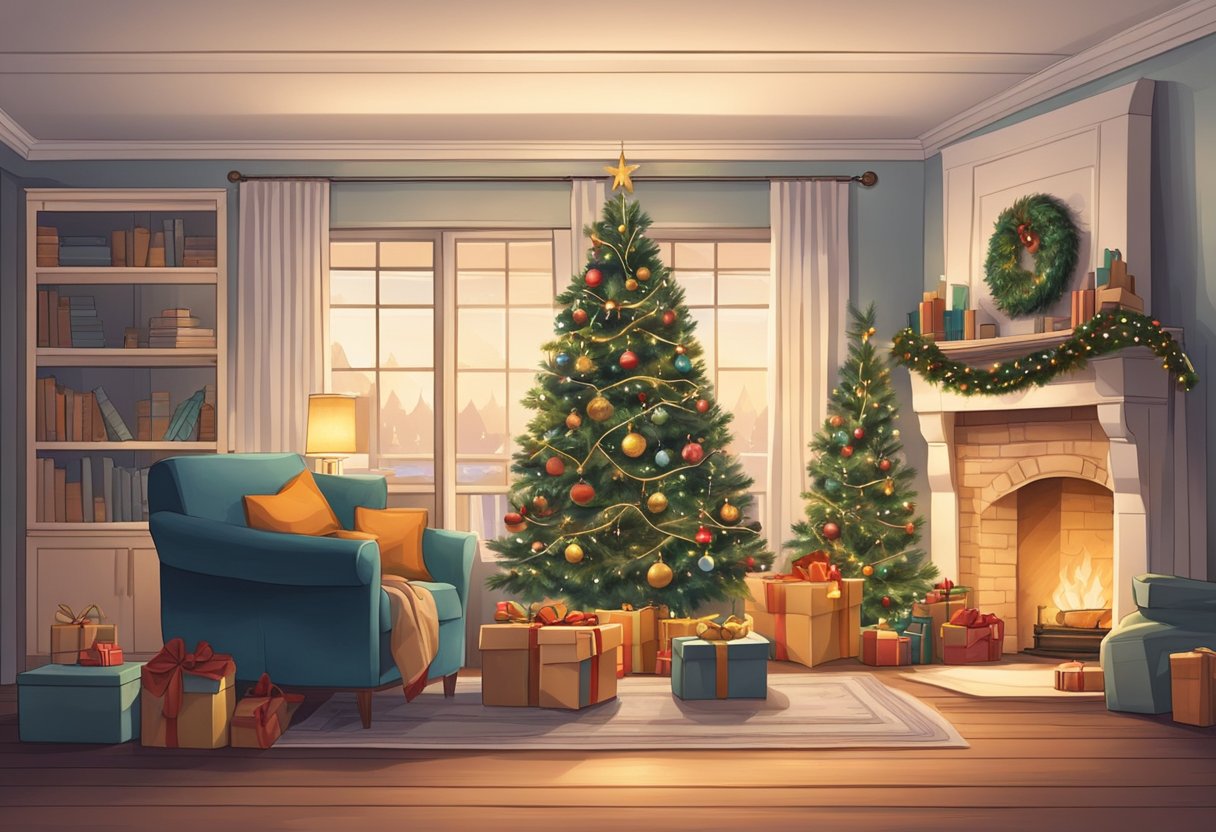 A cozy living room with a crackling fireplace, a decorated Christmas tree, and boxes of belongings being unpacked