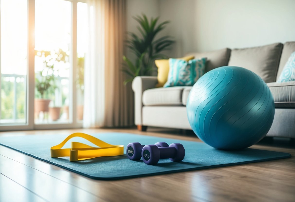 A cozy living room with a senior-friendly exercise mat, a set of resistance bands, and a stability ball. Bright natural light streams in from a large window, creating a warm and inviting atmosphere for the top 10 balance exercises for seniors at home