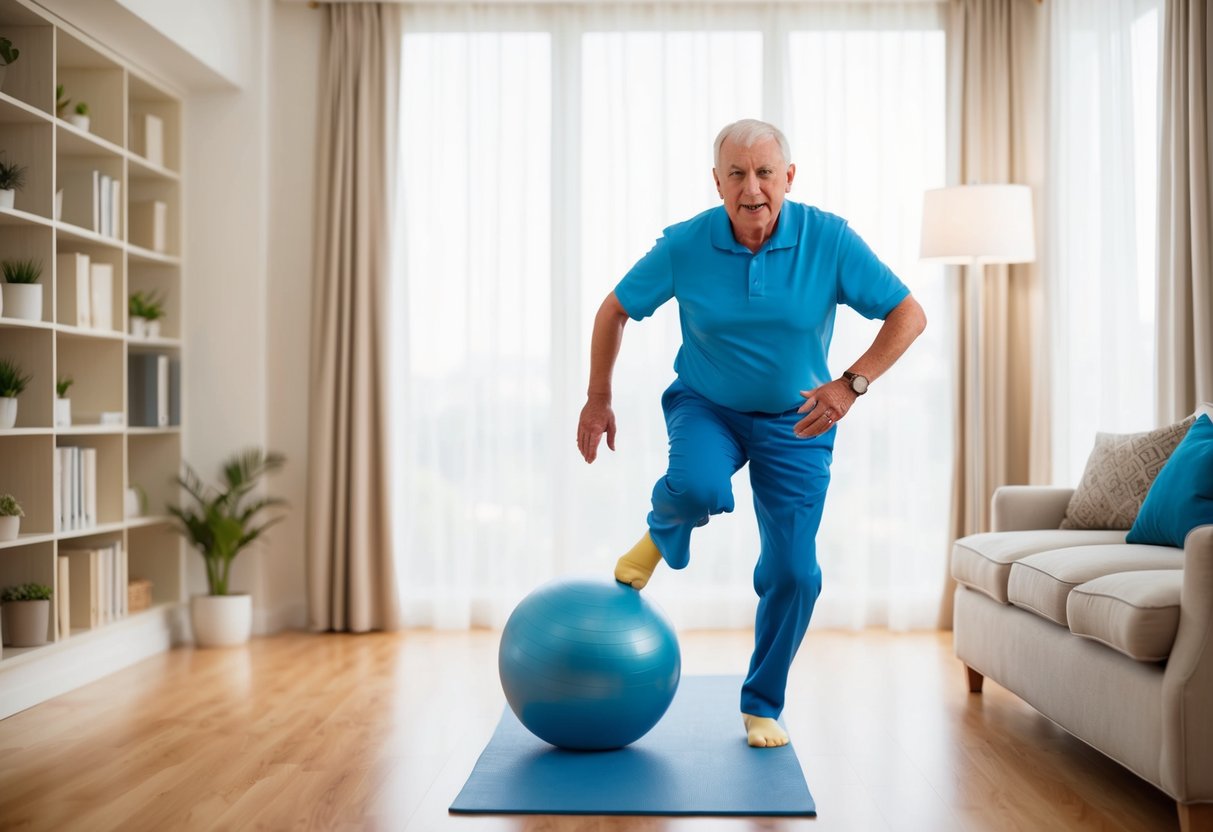 A senior performs balance exercises at home: standing on one leg, walking heel to toe, and using a stability ball