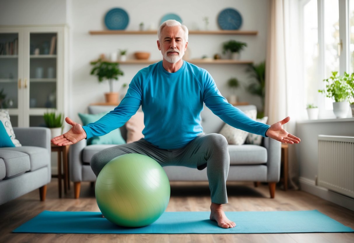 A serene living room with a yoga mat and exercise ball. A senior is performing balance exercises with focus and determination