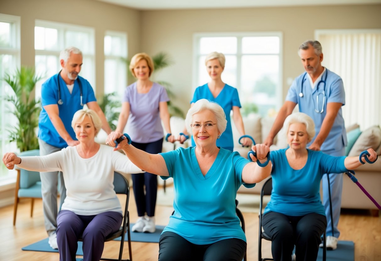 A group of seniors perform balance exercises in a living room, guided by healthcare professionals. Items like chairs and resistance bands are used for support