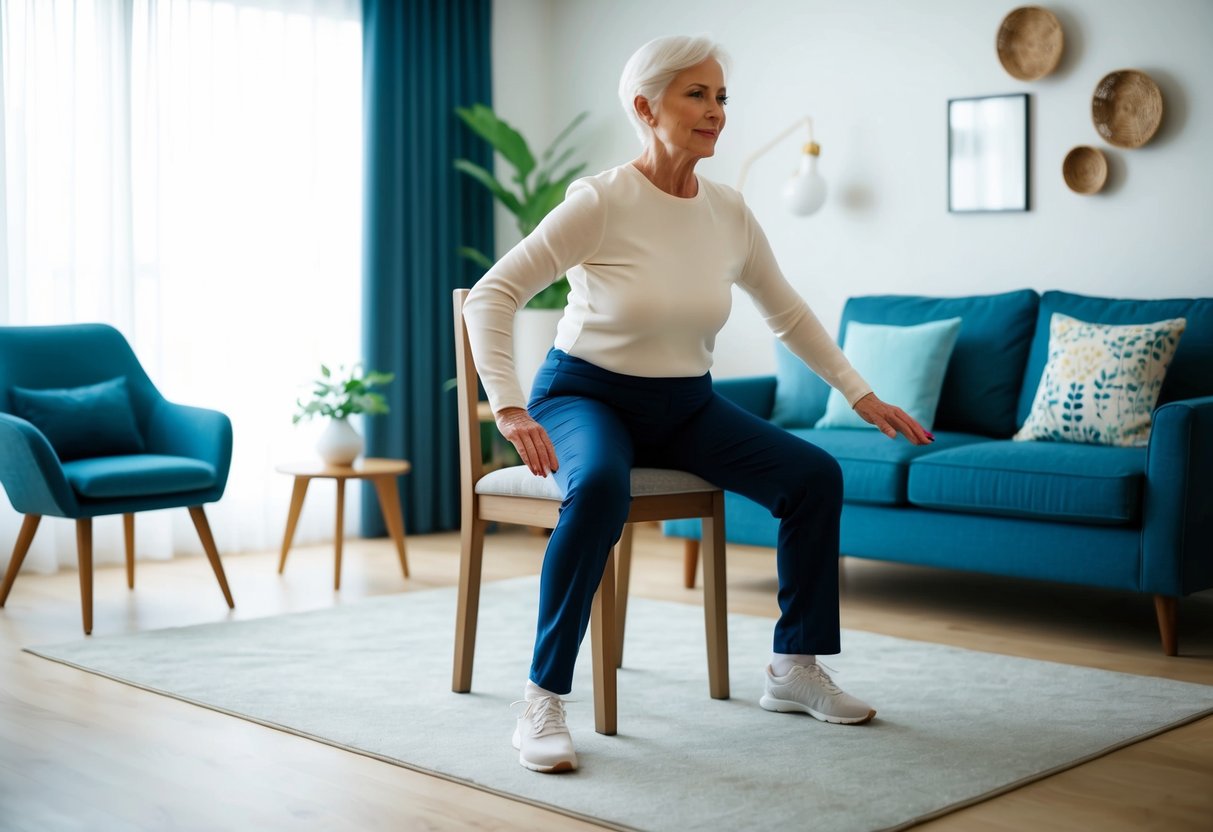 A senior using a sturdy chair for support while performing a standing balance exercise in a well-lit living room