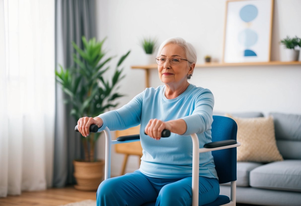 A senior using a chair for support while performing various balance exercises in a living room with a plant in the background