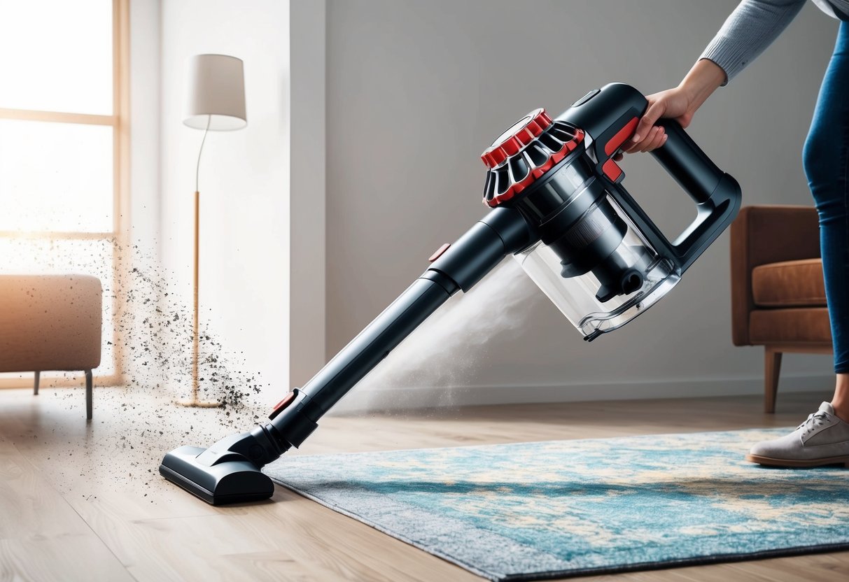 Un puissant aspirateur de 2400W en action, avec une forte aspiration et un nettoyage efficace de diverses surfaces.