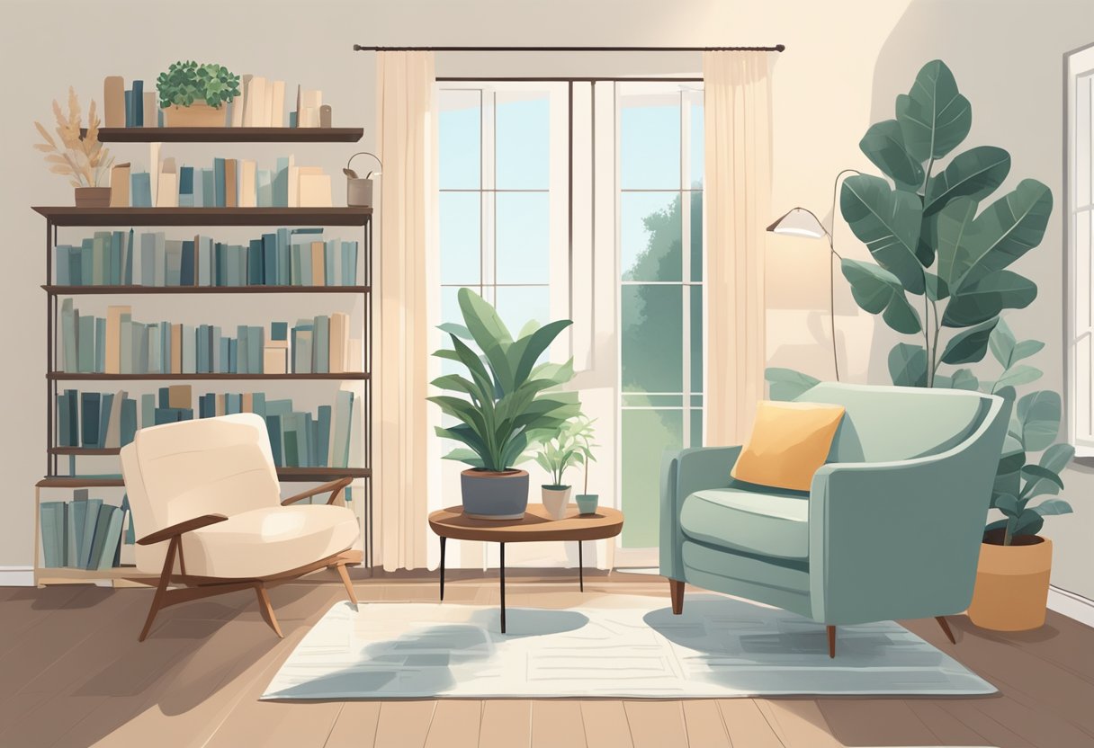 A serene, clutter-free living room with a cozy armchair, soft lighting, and a calming color palette. A stack of books and a potted plant add a touch of tranquility