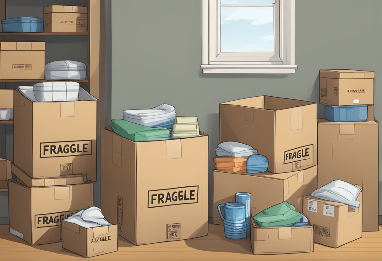 A family's belongings neatly packed in labeled boxes, stacked and ready for moving. Labels include "fragile" and "kitchen."