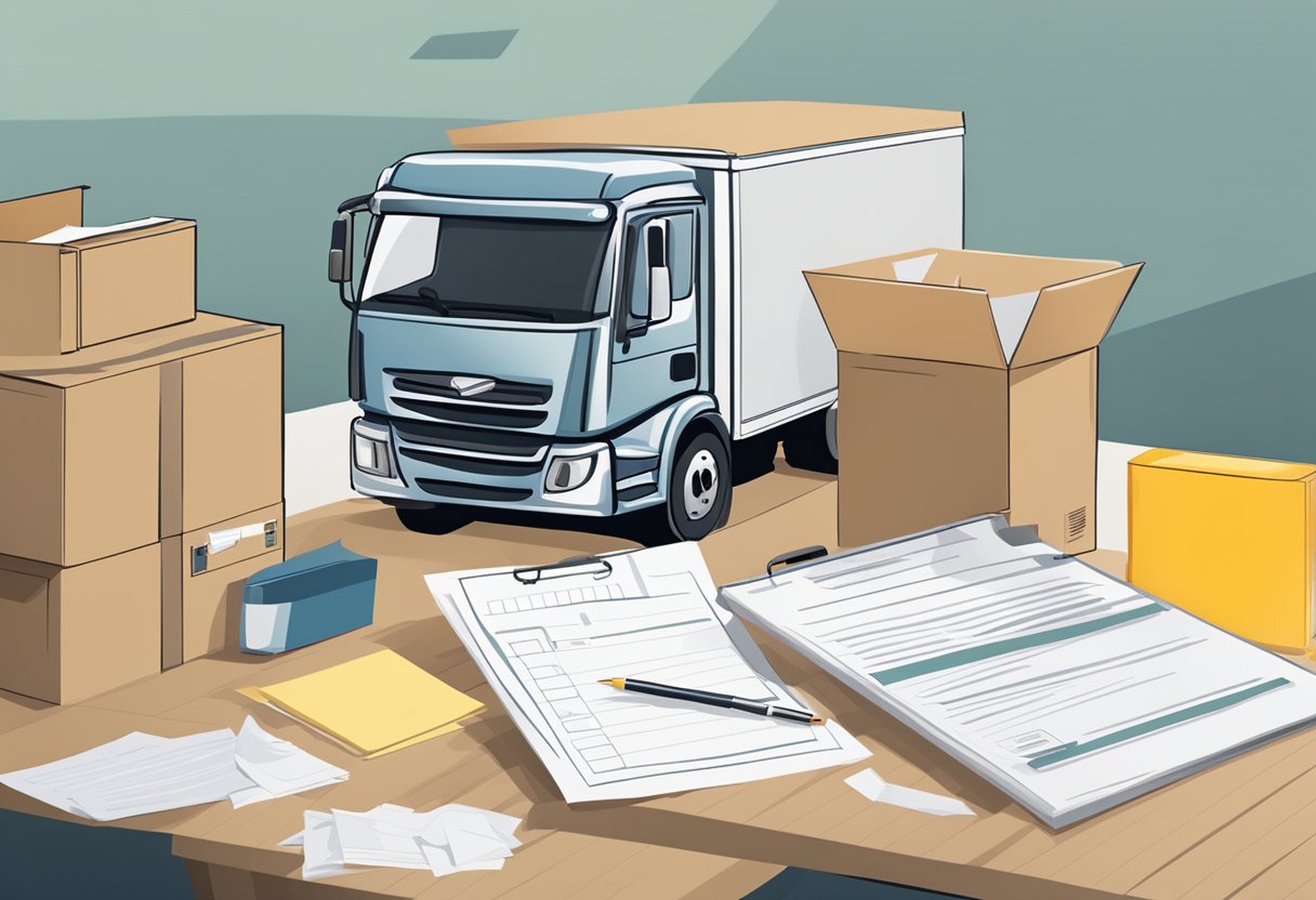 A desk with a checklist, boxes, packing tape, and moving truck in the background