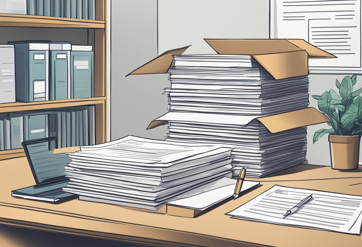 A stack of legal documents and moving boxes arranged neatly on a desk. A checklist and pen sit nearby, ready to be used