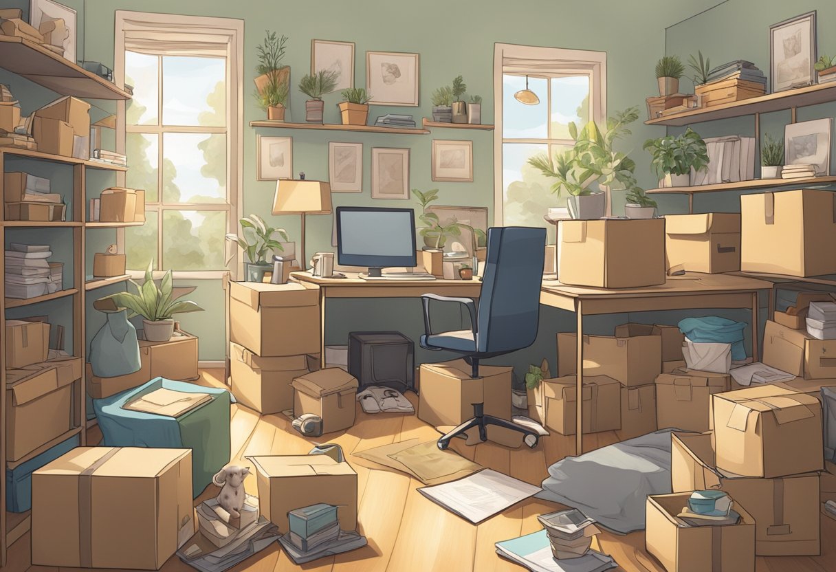 A cluttered room with moving boxes, a calm pet, and a serene atmosphere