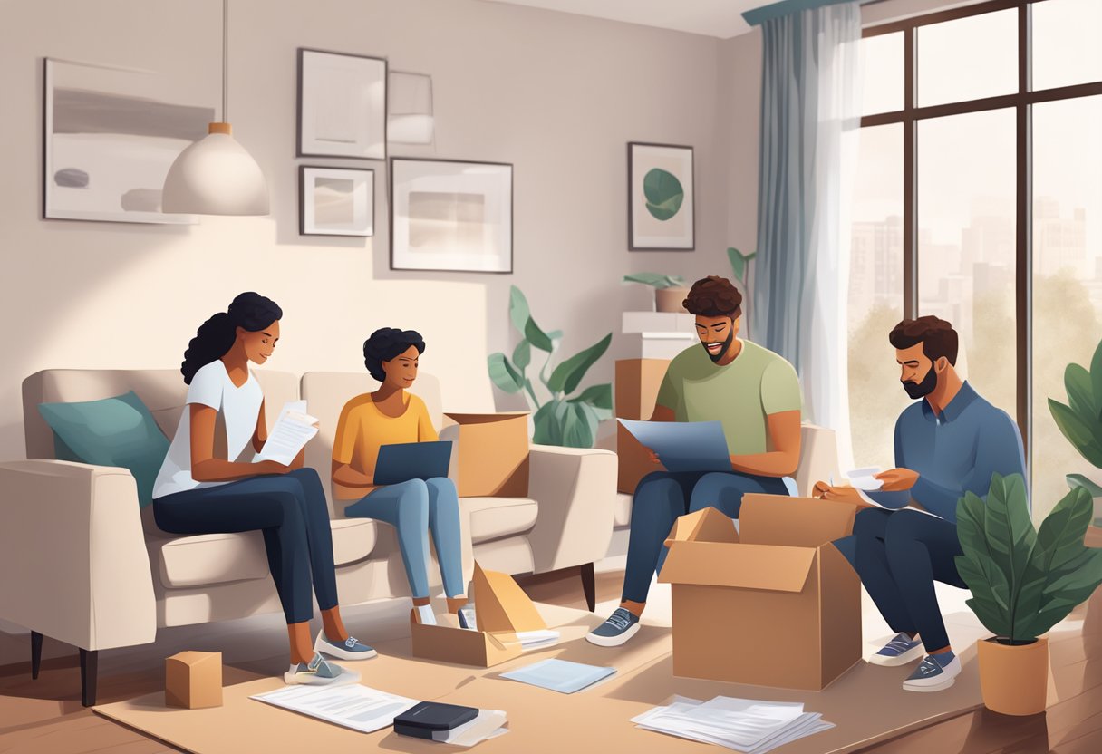 A family of four unpacking boxes in a cozy living room, surrounded by legal documents and a real estate agent's business card