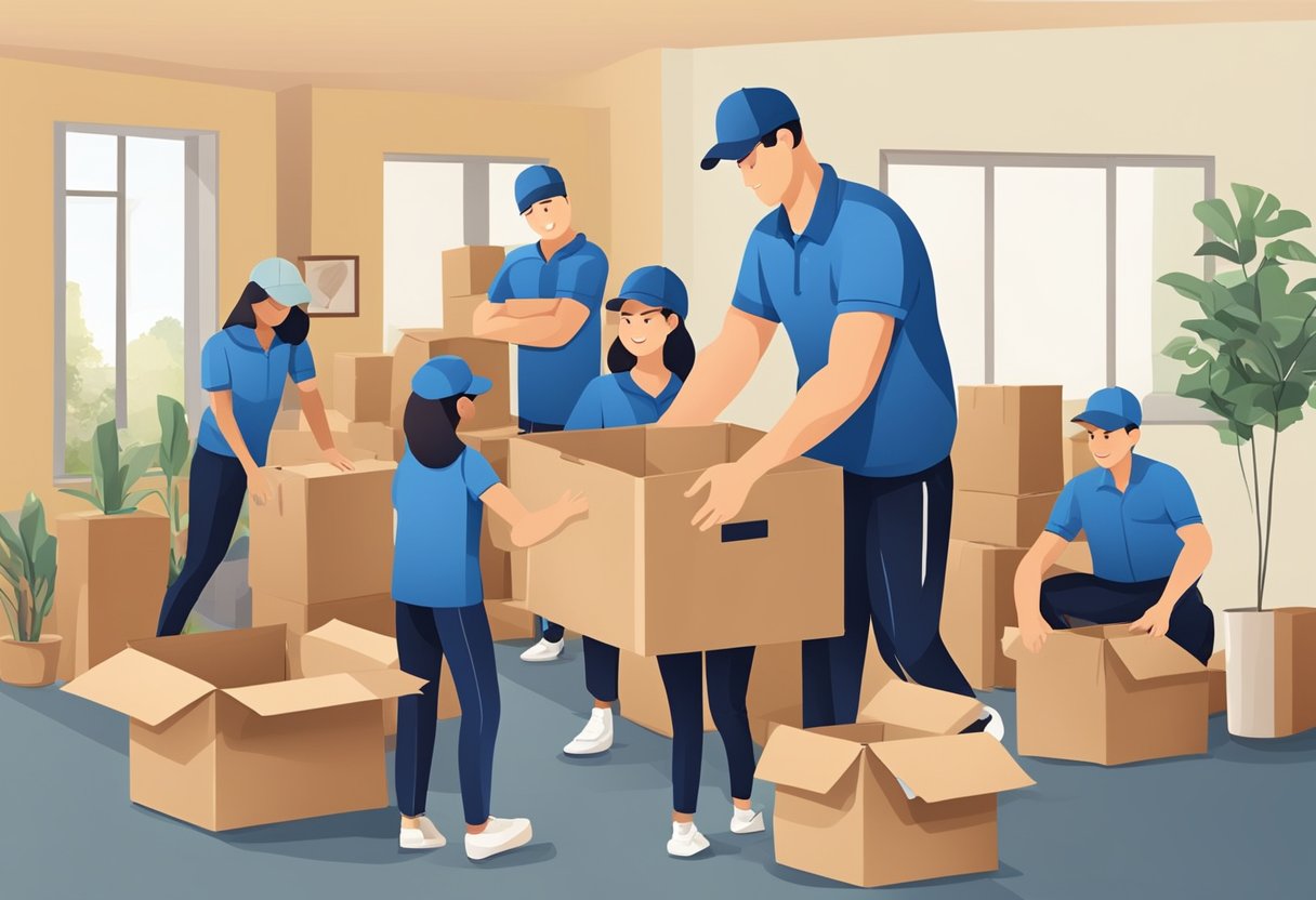 A family's belongings being packed into moving boxes by a team of professional movers