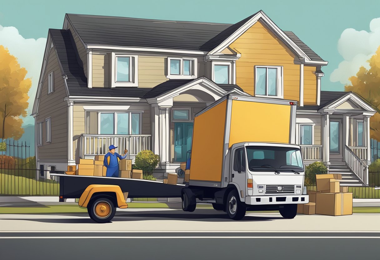 A moving truck parked in front of a house, with movers carrying boxes and furniture into the vehicle