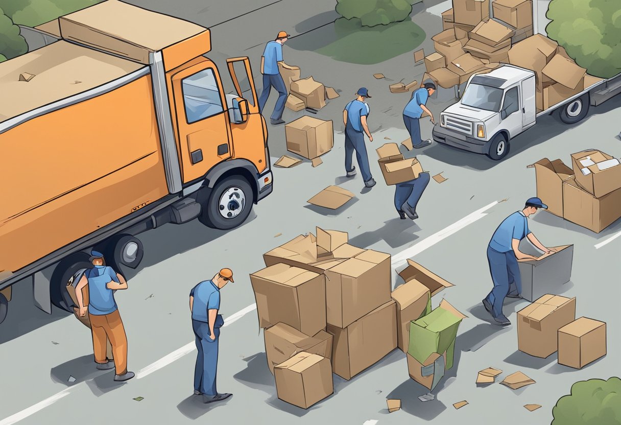 A moving truck with damaged items scattered on the ground, while the movers look on with concern