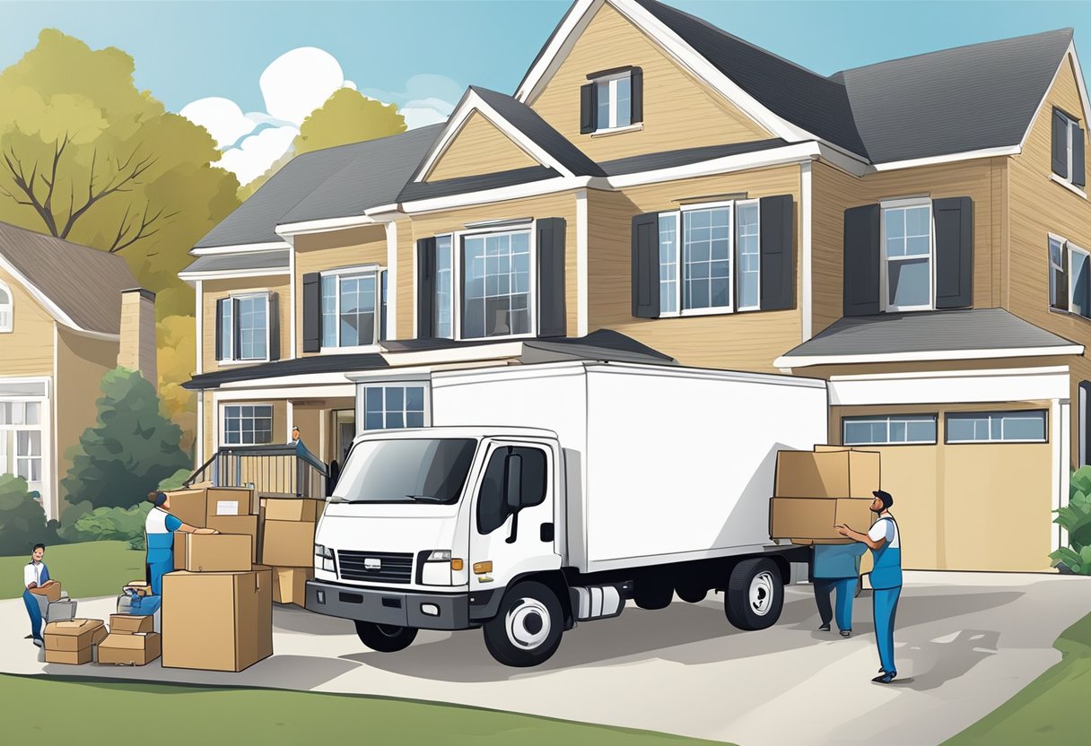 A moving truck parked in front of a house, with movers unloading boxes and furniture onto a dolly. A customer service representative assists the homeowner with paperwork