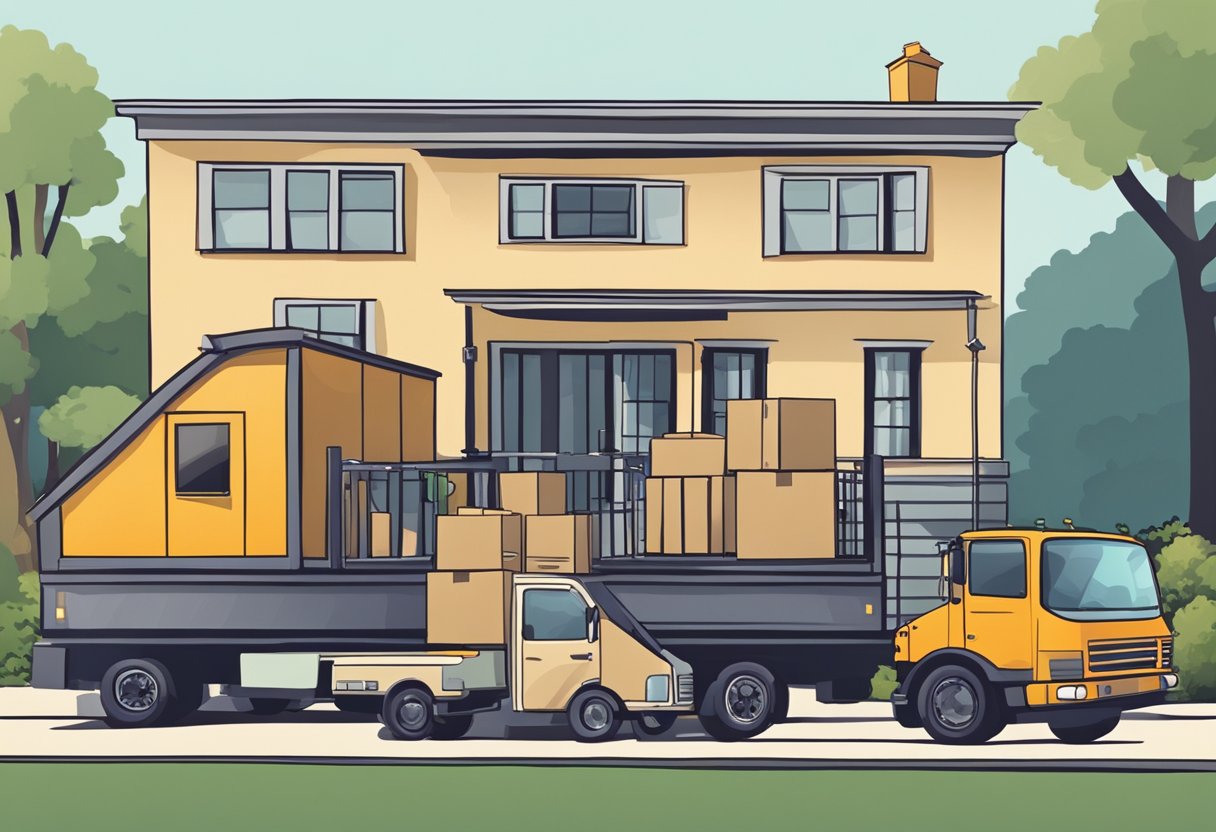 A moving truck parked in front of a house, with boxes and furniture being loaded onto it by movers