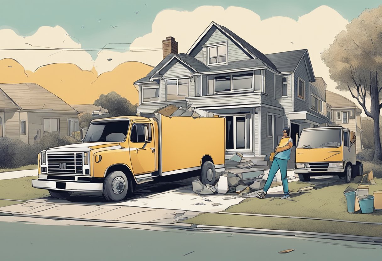 A moving truck parked in front of a house, with a broken vase and damaged furniture on the ground. The movers look on, while the homeowner gestures in frustration