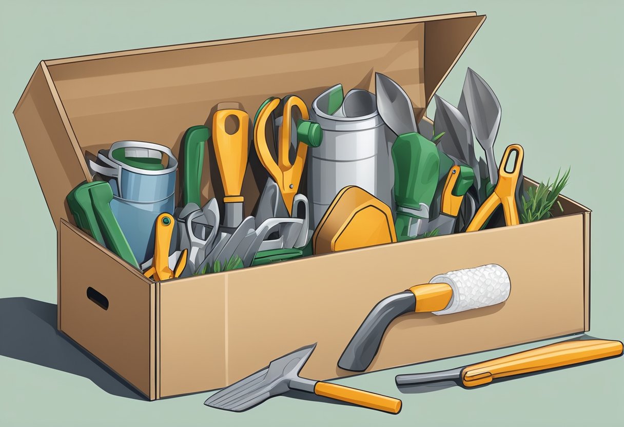 A collection of garden tools neatly arranged in a sturdy moving box, with a roll of bubble wrap and packing paper nearby