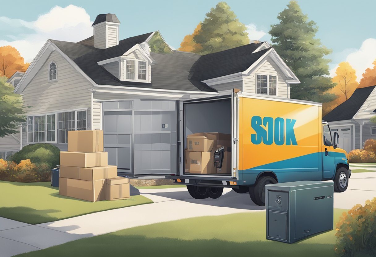 A moving truck parked outside a suburban home, with open doors revealing boxes of household items and a locked gun safe