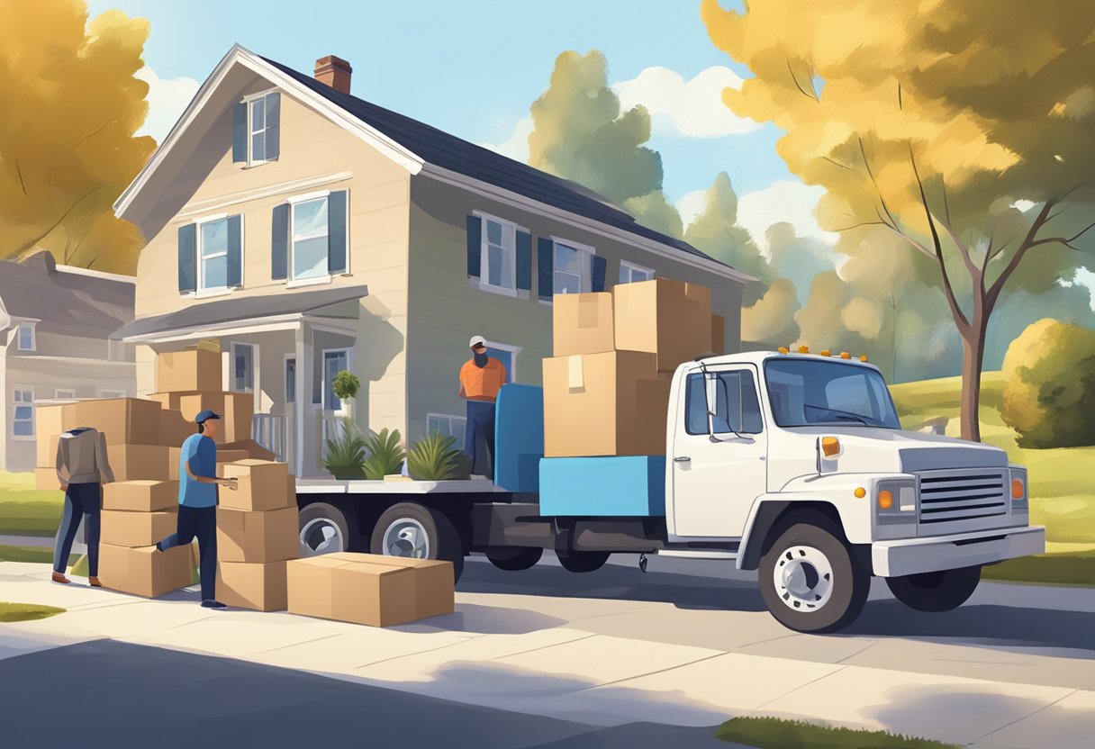 A moving truck parked in front of a house on a sunny Saturday, with movers carrying boxes and furniture into the vehicle